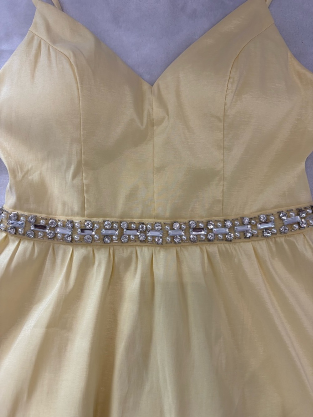 Yellow Jeweled Waist Spaghetti-Strap 
Short formal  Dress - Picture 3 of 5